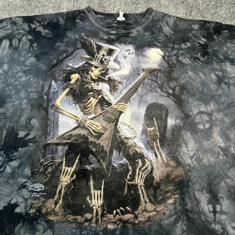 Men's 2009 Skulbone James Ryman Skeleton Guitar SS Black Tie Dye T-Shirt 3XL